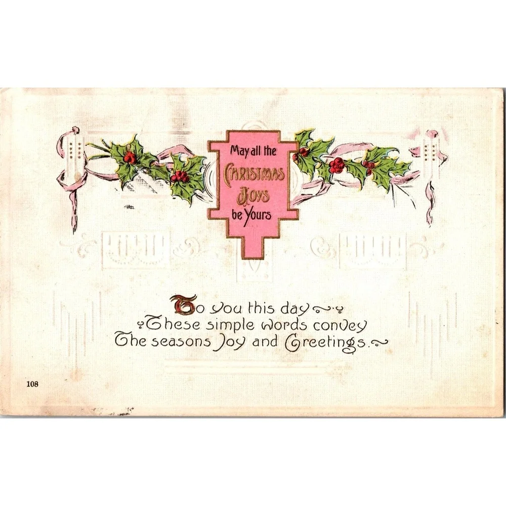 Vintage 1914 Embossed Christmas Postcard with Holly & Gold Lettering